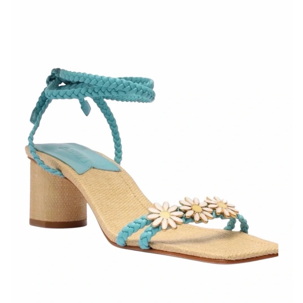 Schutz Hina Mid Daisy Braided Ankle Wrap Block Heel Sandals Blue Tan 6B NEW